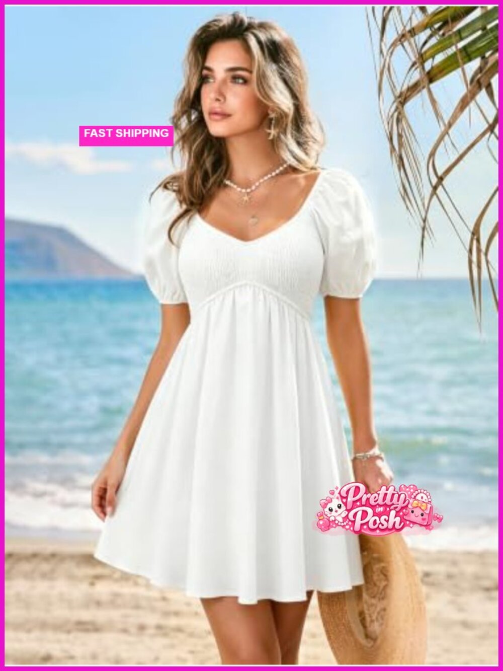 Women's Babydoll Dress - V Neck Puff Sleeve Empire Waist Swing Mini Sundress - Picture 5 of 6